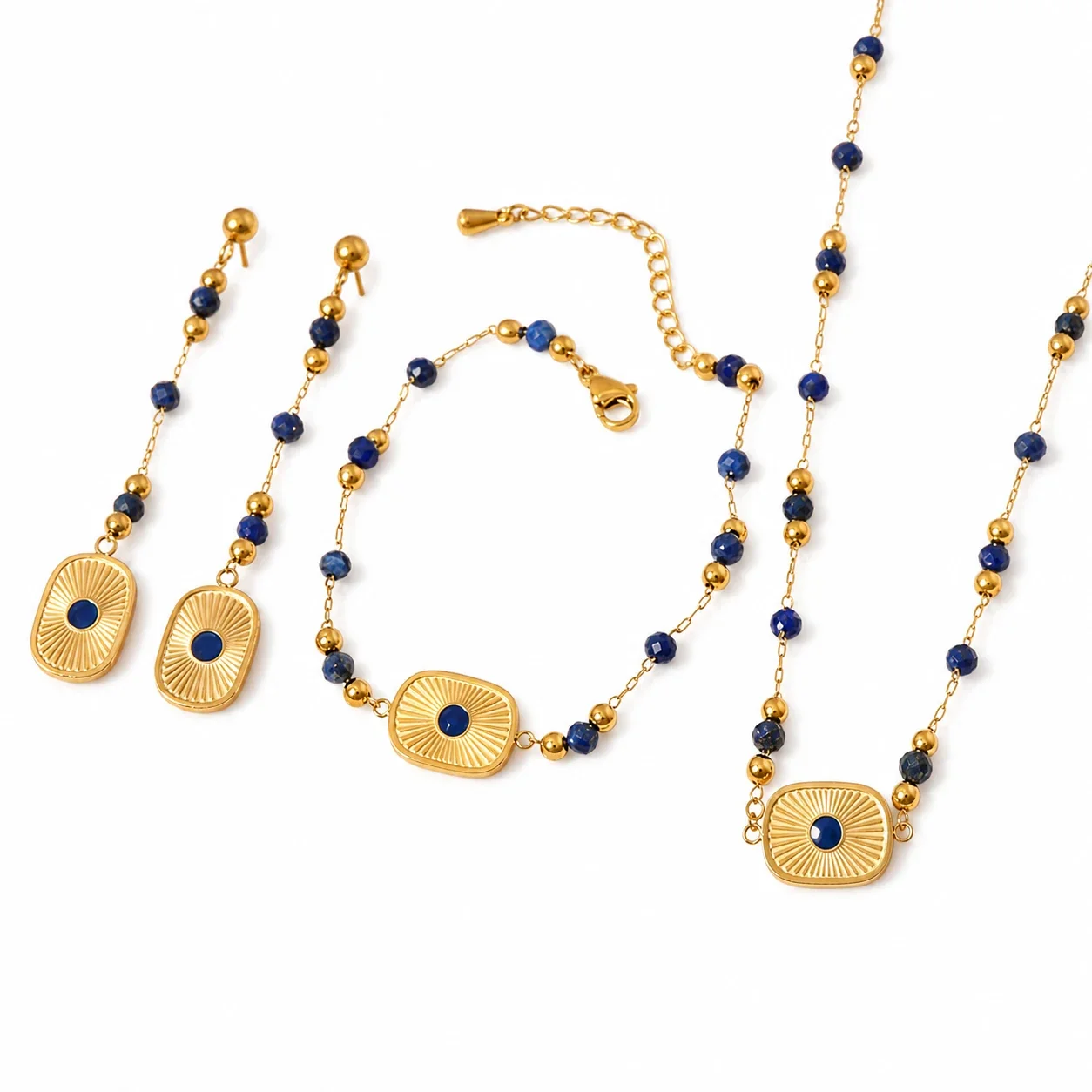 Radiant Gold-Tone Lapis Bead Geometric Jewelry Set