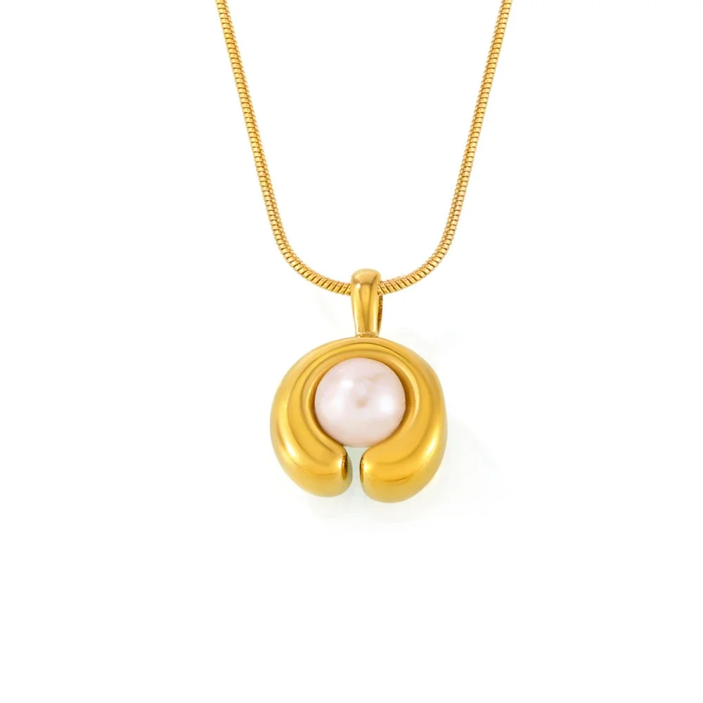 Pendant Necklace, C-Shaped Pearl, 18K Gold-Plated Steel