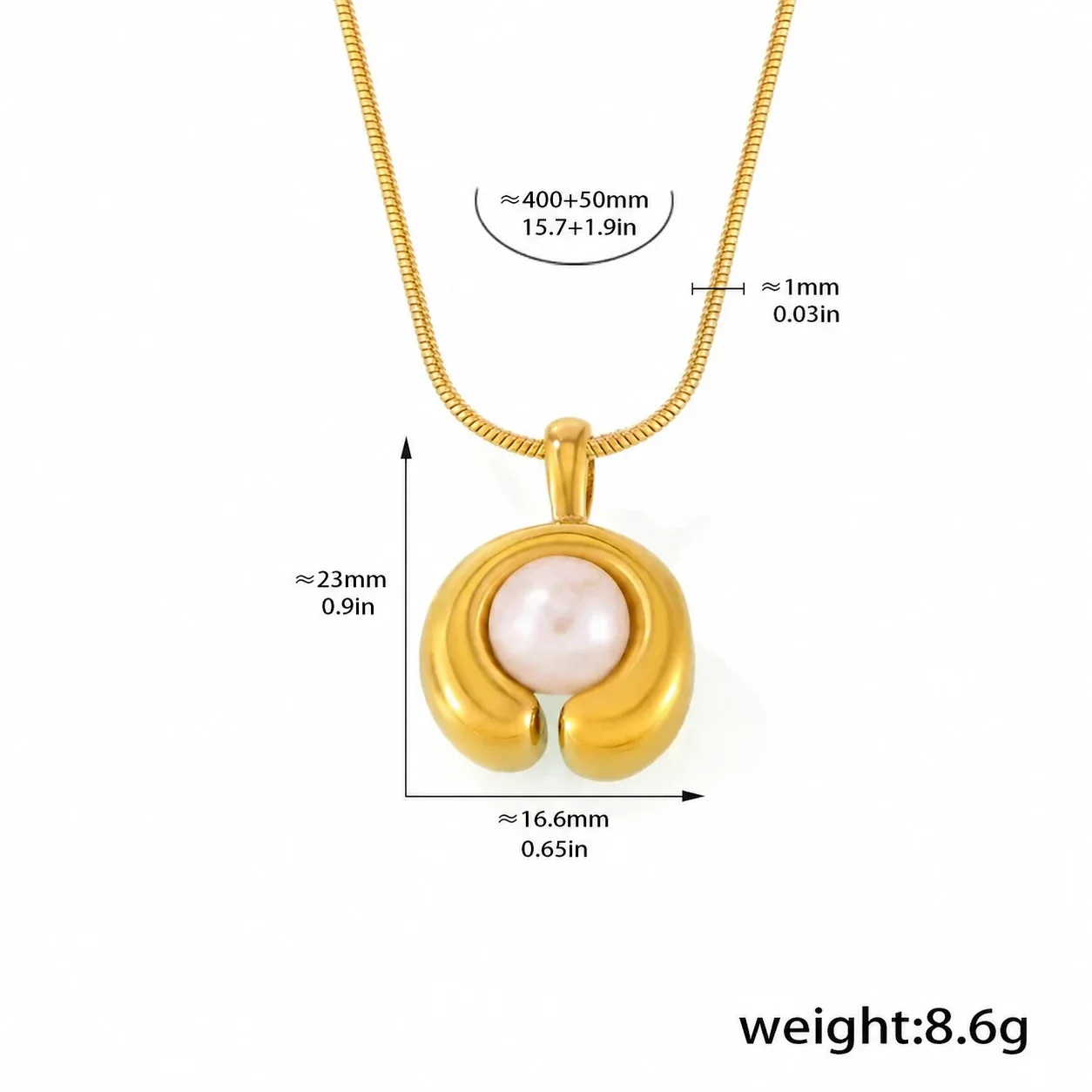 Pendant Necklace, C-Shaped Pearl, 18K Gold-Plated Steel - Gold