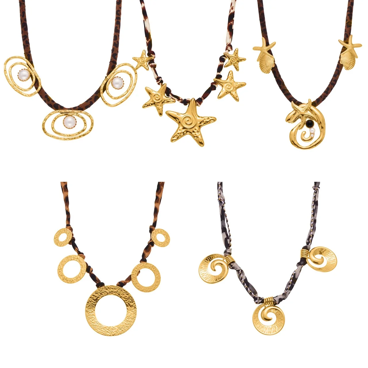 Necklace with Leopard Cord & Gold-Tone Motifs, Stainless Steel