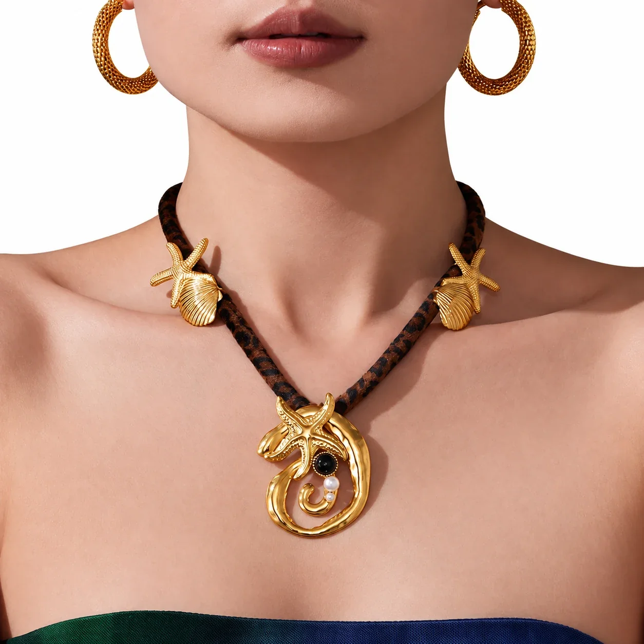 Necklace with Leopard Cord & Gold-Tone Motifs, Stainless Steel