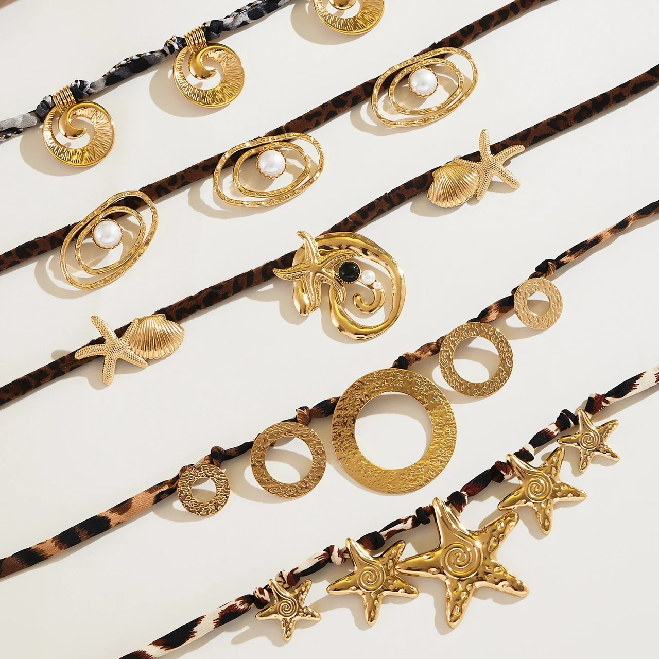 Necklace with Leopard Cord & Gold-Tone Motifs, Stainless Steel