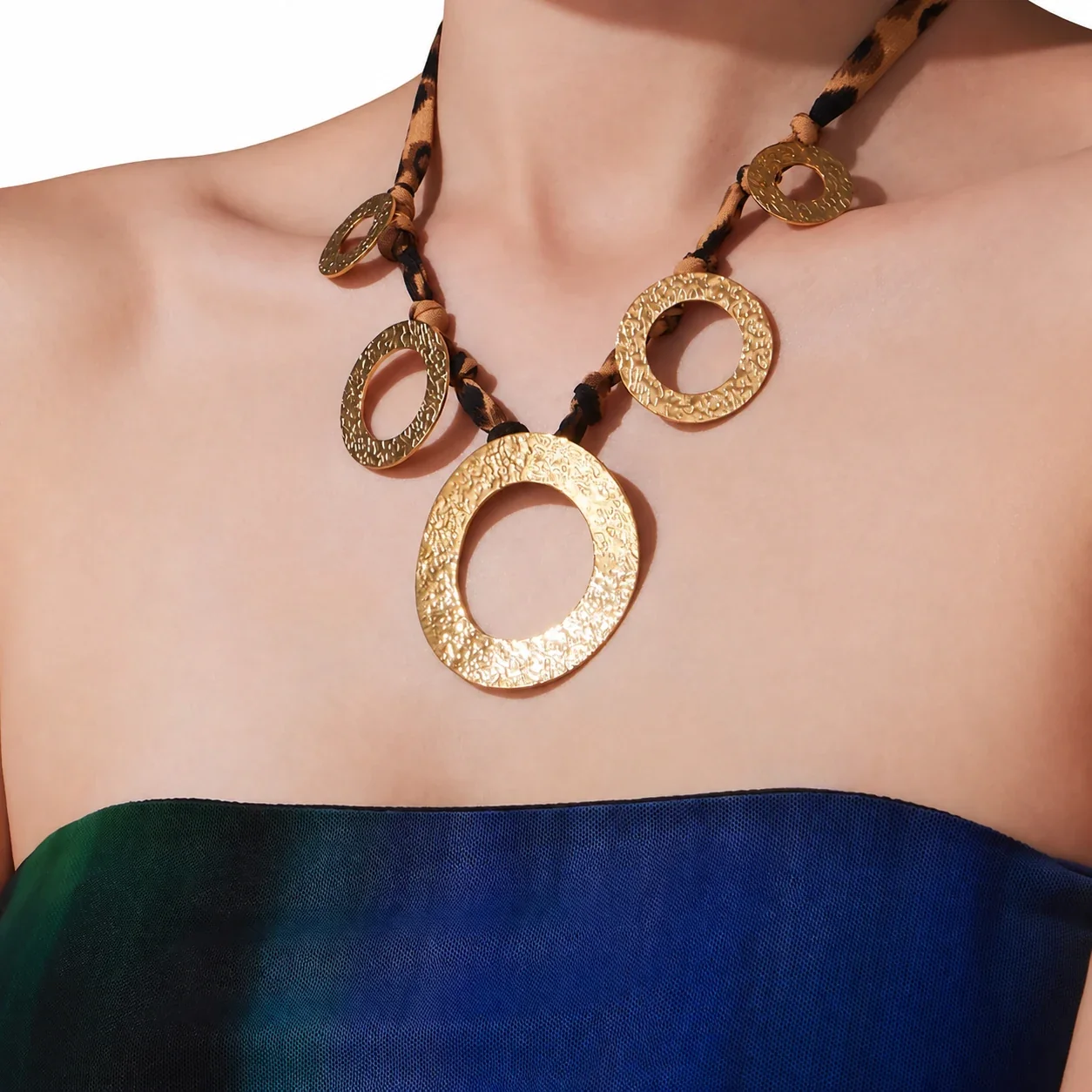 Necklace with Leopard Cord & Gold-Tone Motifs, Stainless Steel