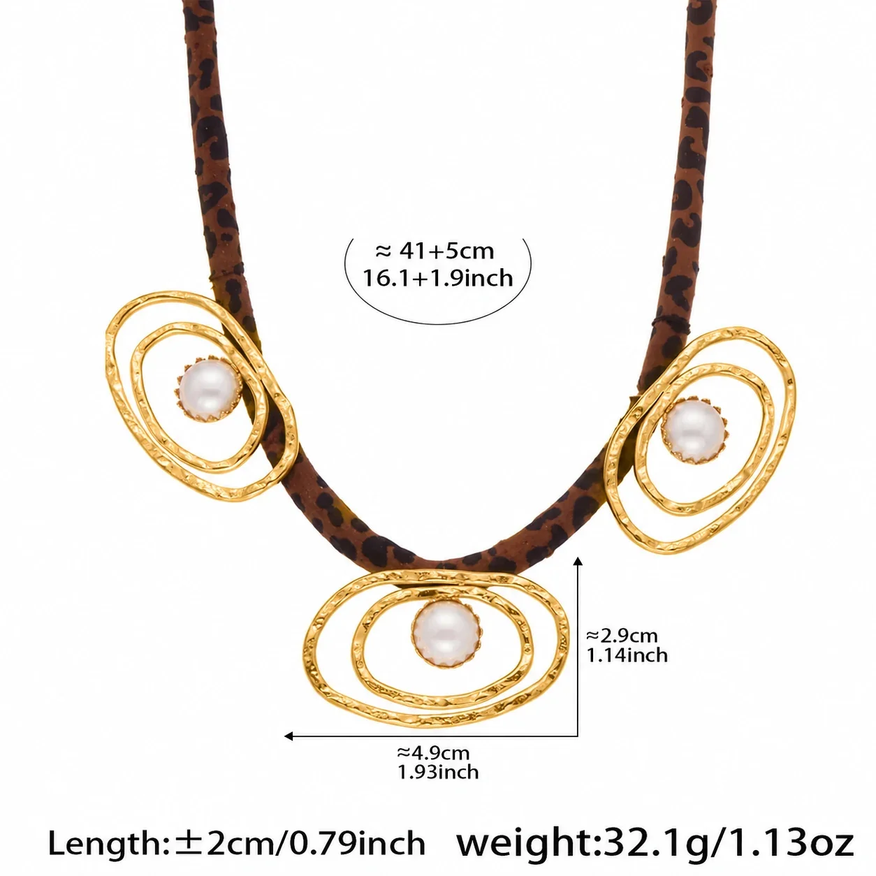 Necklace with Leopard Cord & Gold-Tone Motifs, Stainless Steel - Gold Orbital Pearl-Effect Bead
