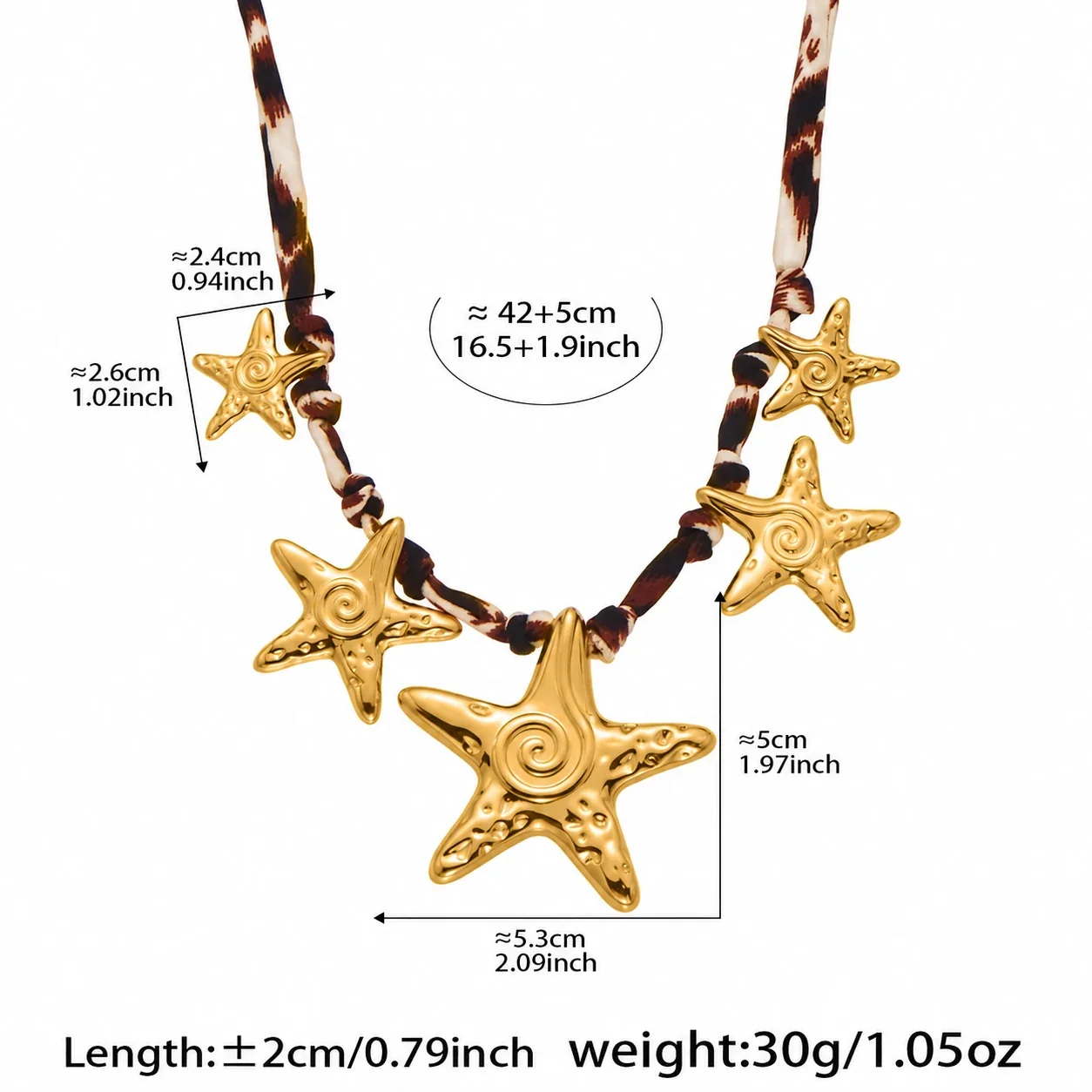 Necklace with Leopard Cord & Gold-Tone Motifs, Stainless Steel - Gold Starfish Motifs