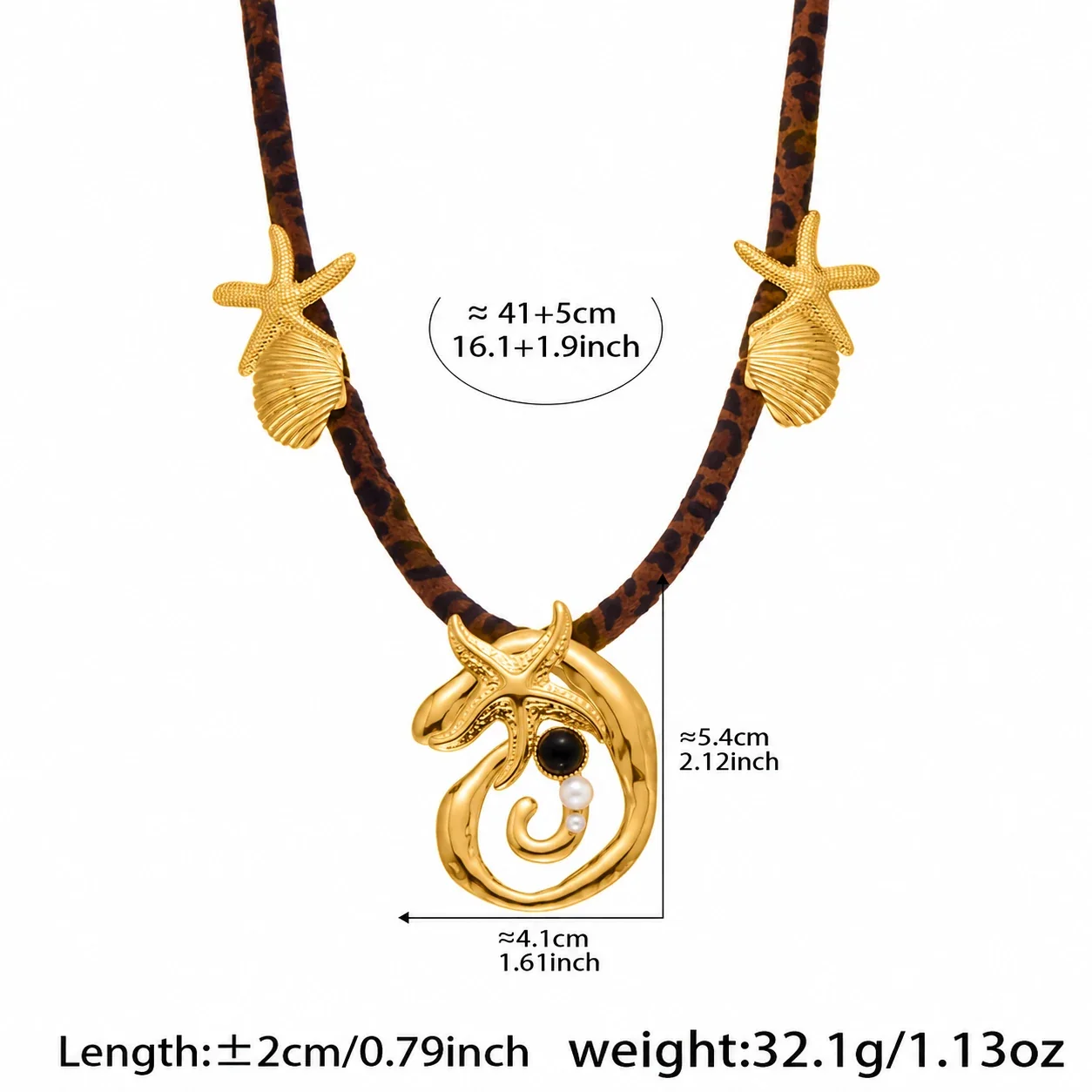 Necklace with Leopard Cord & Gold-Tone Motifs, Stainless Steel - Gold Shell and Starfish