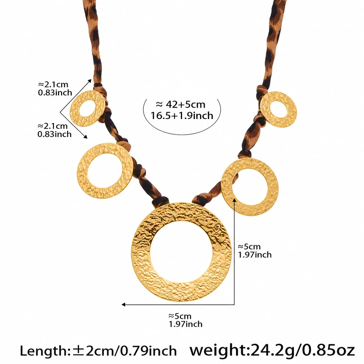 Necklace with Leopard Cord & Gold-Tone Motifs, Stainless Steel - Gold Wave