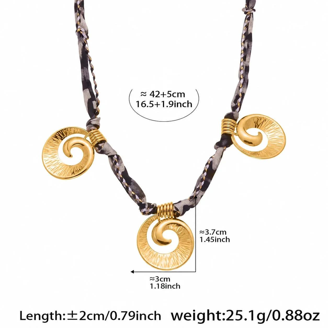 Necklace with Leopard Cord & Gold-Tone Motifs, Stainless Steel - Gold Hammered Open