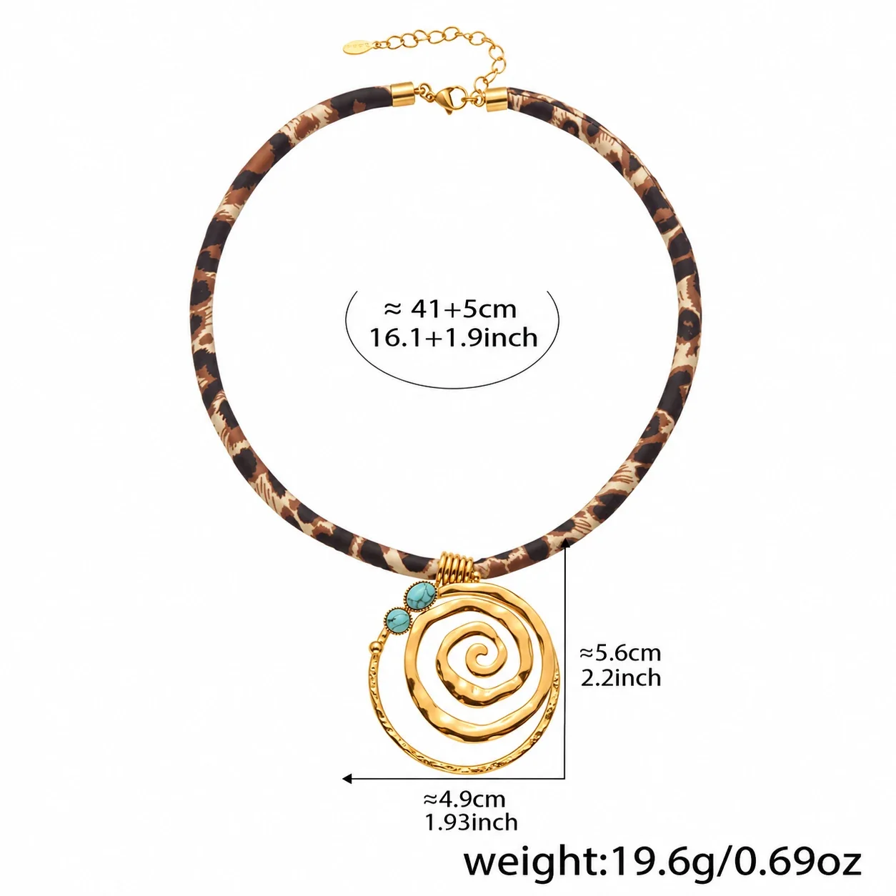 Necklace with Leopard Cord & Gold-Tone Motifs, Stainless Steel - Gold Spiral Disc Stations