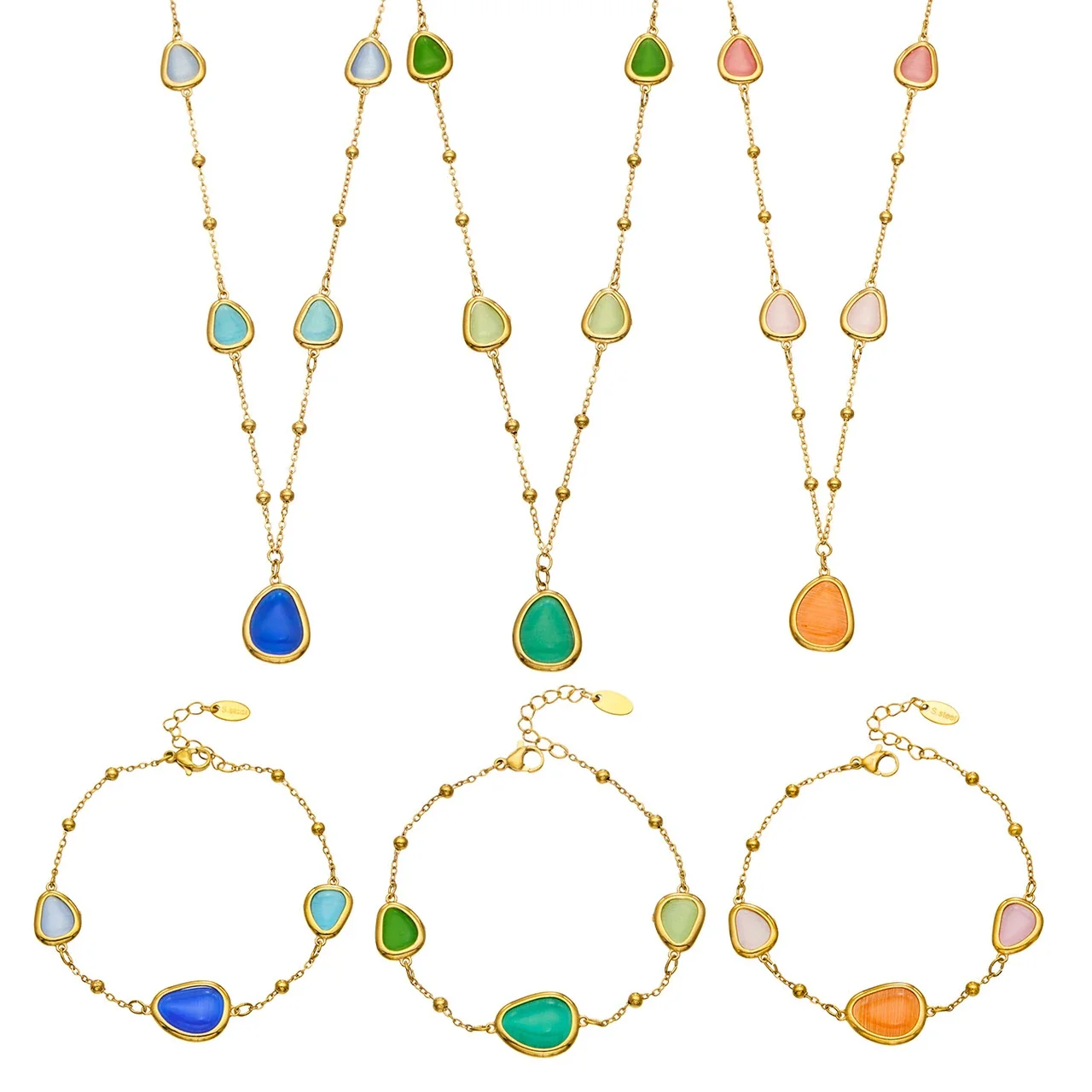 Necklace & Bracelet Set, Teardrop Cat's-Eye, Gold-Plated Steel