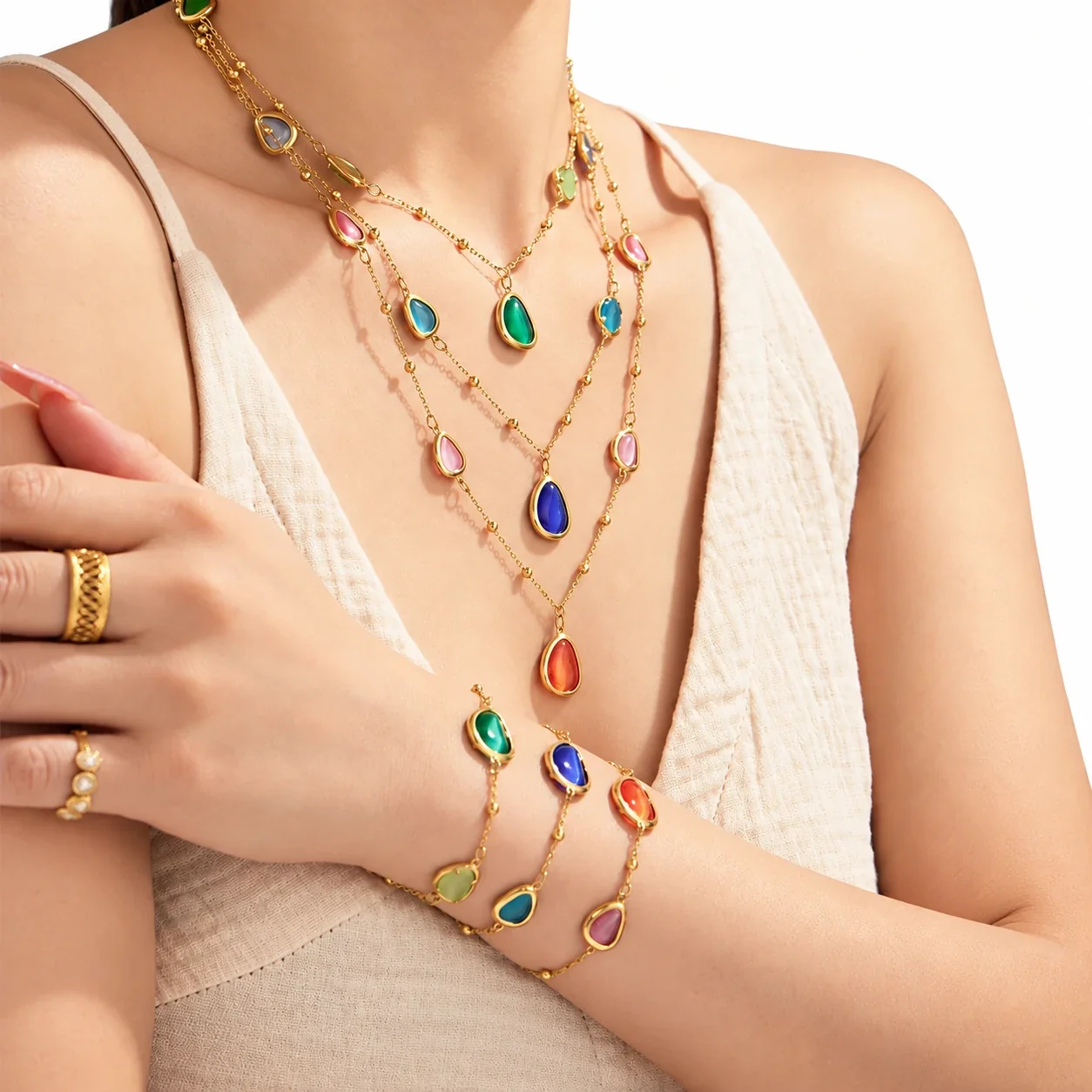 Necklace & Bracelet Set, Teardrop Cat's-Eye, Gold-Plated Steel