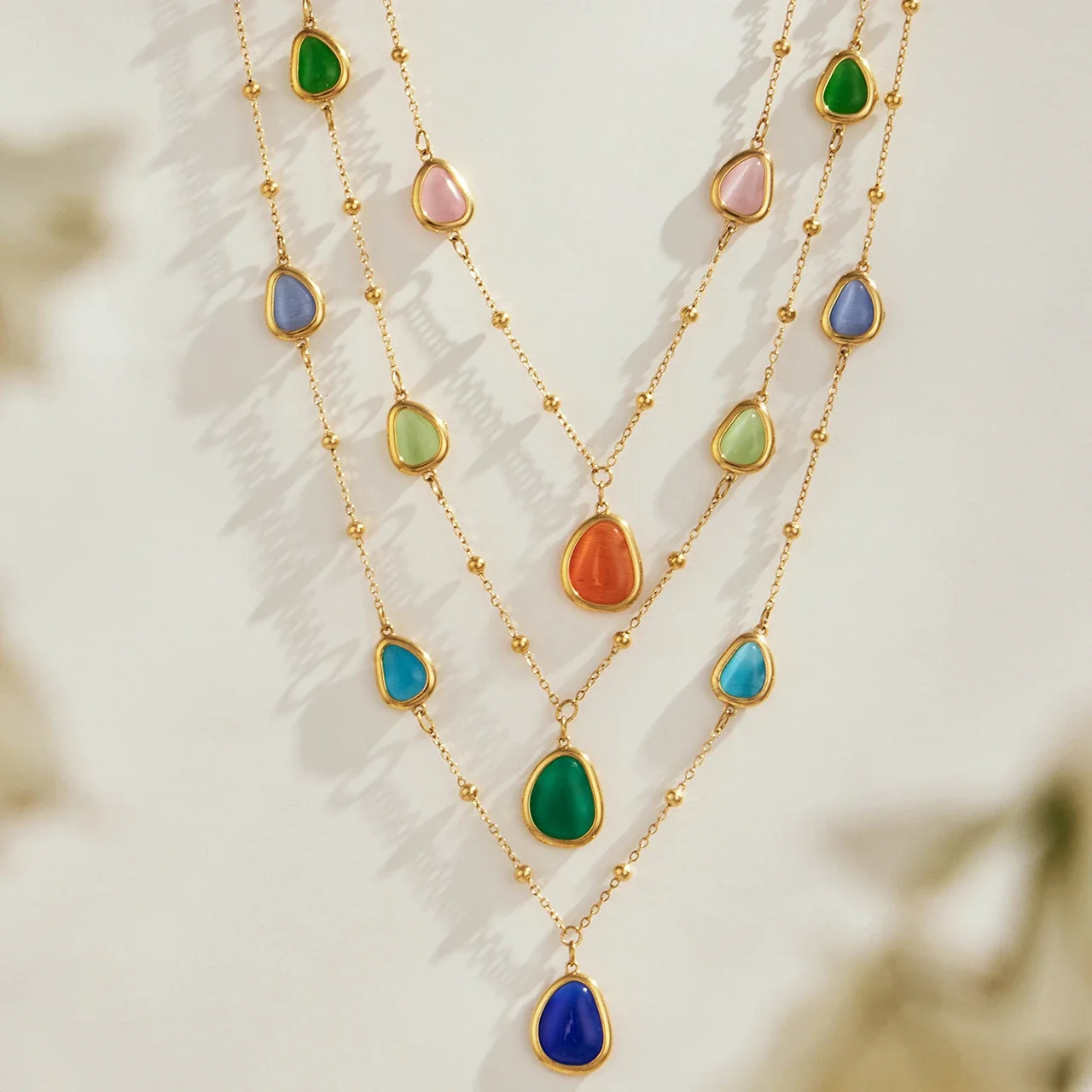 Necklace & Bracelet Set, Teardrop Cat's-Eye, Gold-Plated Steel