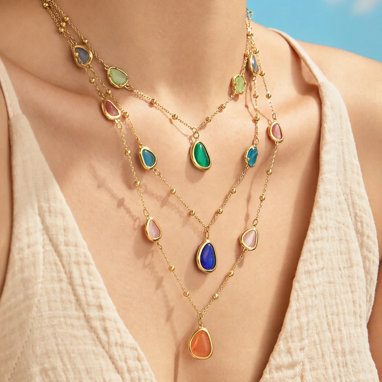 Necklace & Bracelet Set, Teardrop Cat's-Eye, Gold-Plated Steel
