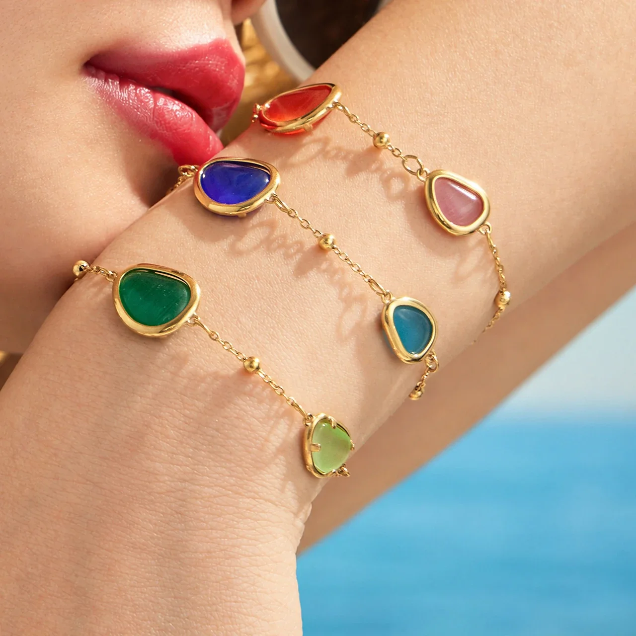 Necklace & Bracelet Set, Teardrop Cat's-Eye, Gold-Plated Steel