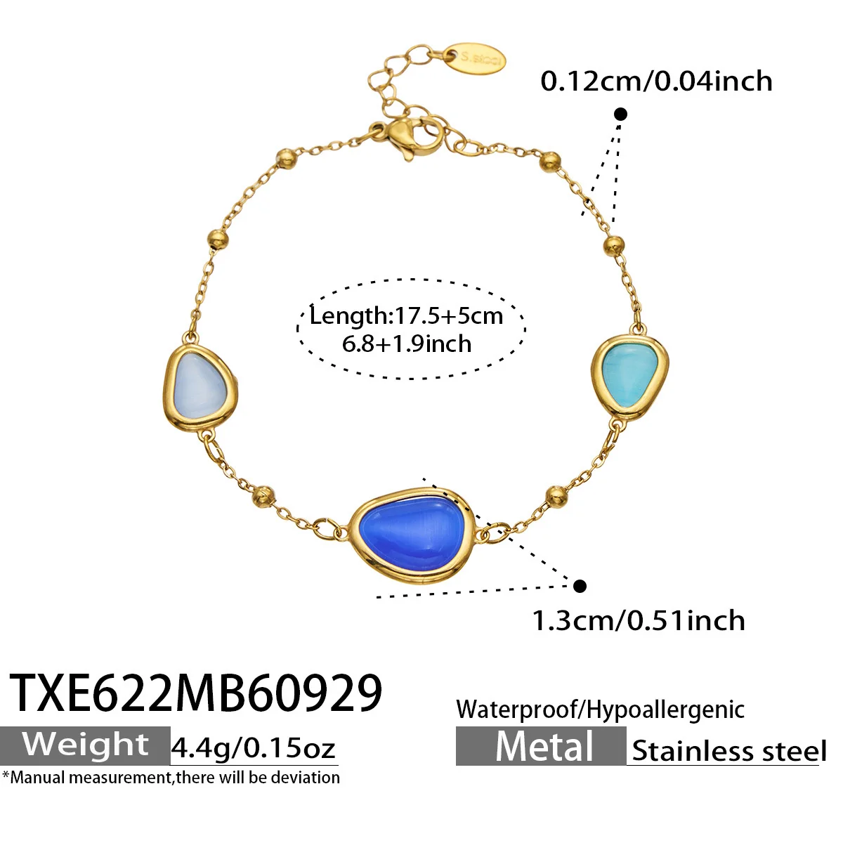 Necklace & Bracelet Set, Teardrop Cat's-Eye, Gold-Plated Steel - Dimensions