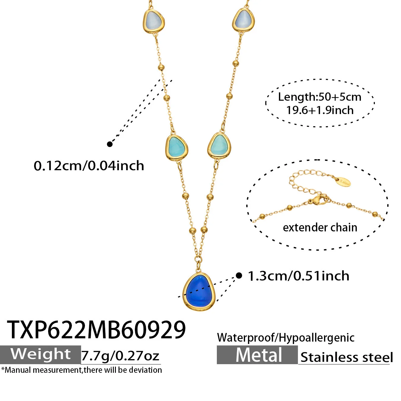 Necklace & Bracelet Set, Teardrop Cat's-Eye, Gold-Plated Steel - Dimensions