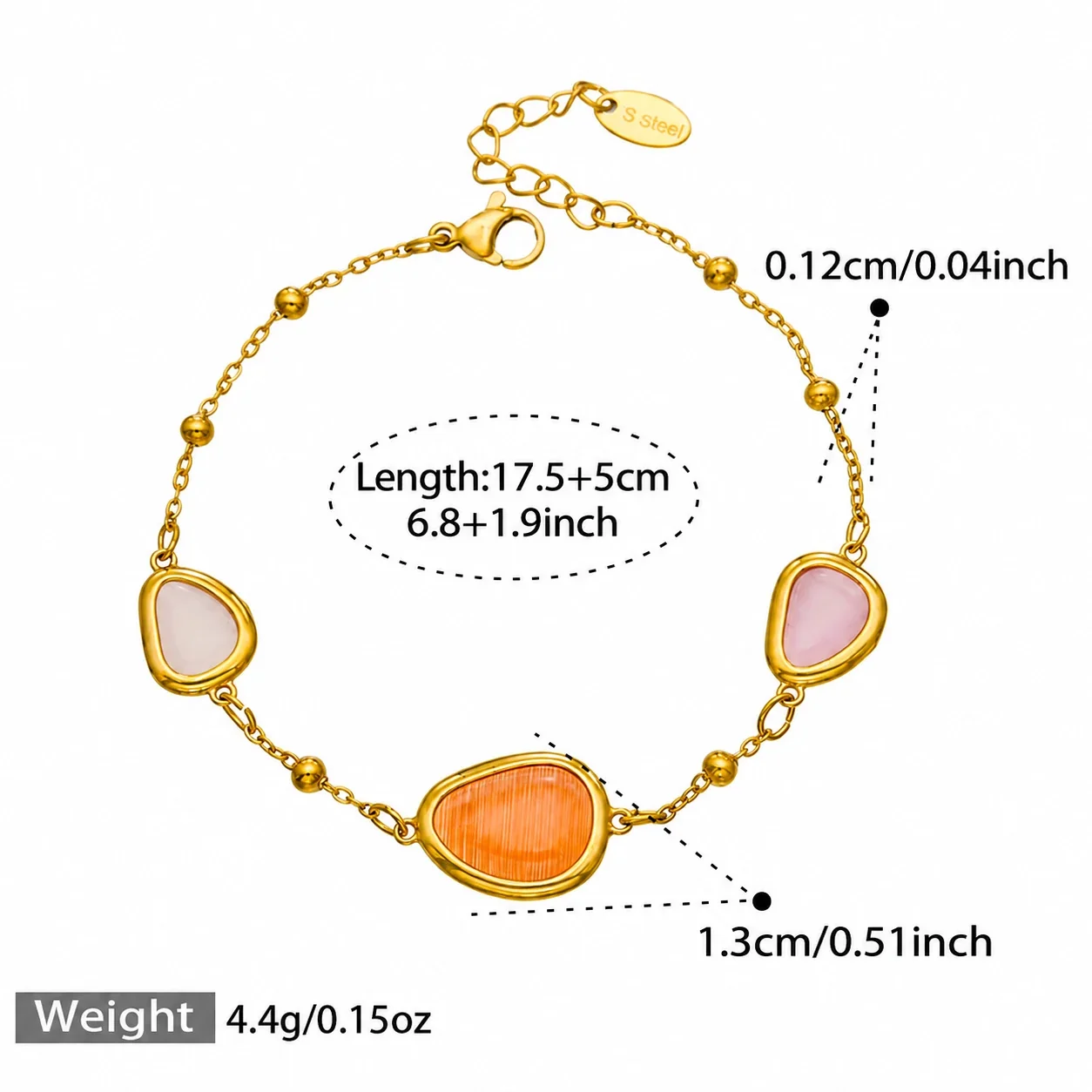 Necklace & Bracelet Set, Teardrop Cat's-Eye, Gold-Plated Steel - Gold Orange Cat's-Eye , 17.5+5 cm