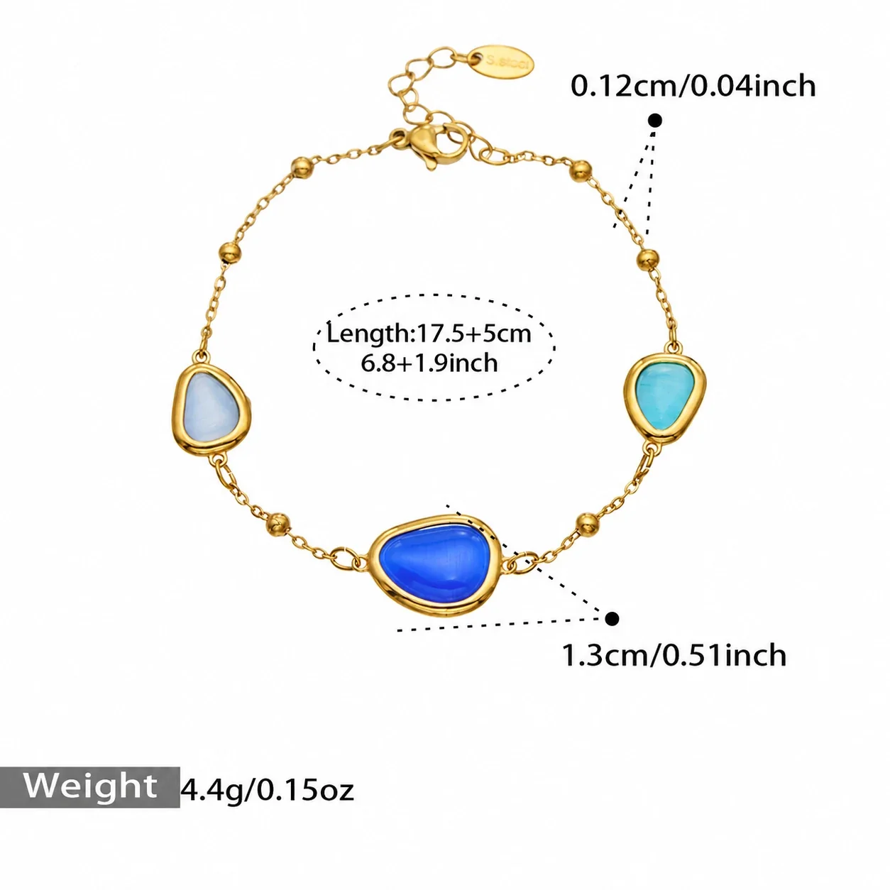 Necklace & Bracelet Set, Teardrop Cat's-Eye, Gold-Plated Steel - Gold Blue Cat's-Eye , 17.5+5 cm