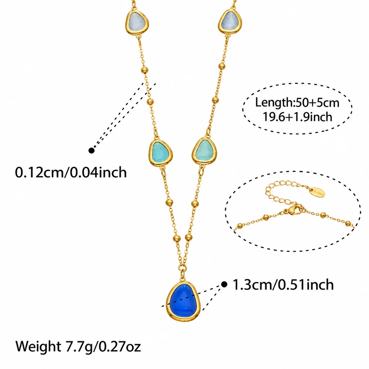 Necklace & Bracelet Set, Teardrop Cat's-Eye, Gold-Plated Steel - Gold Blue Cat's-Eye , 50+5 cm