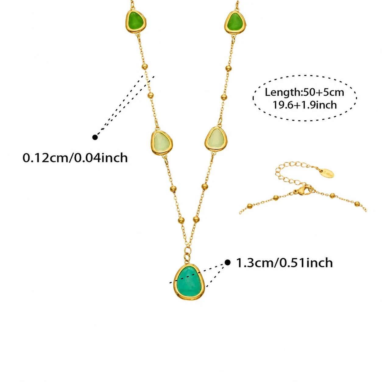 Necklace & Bracelet Set, Teardrop Cat's-Eye, Gold-Plated Steel - Gold Green Cat's-Eye , 50+5 cm