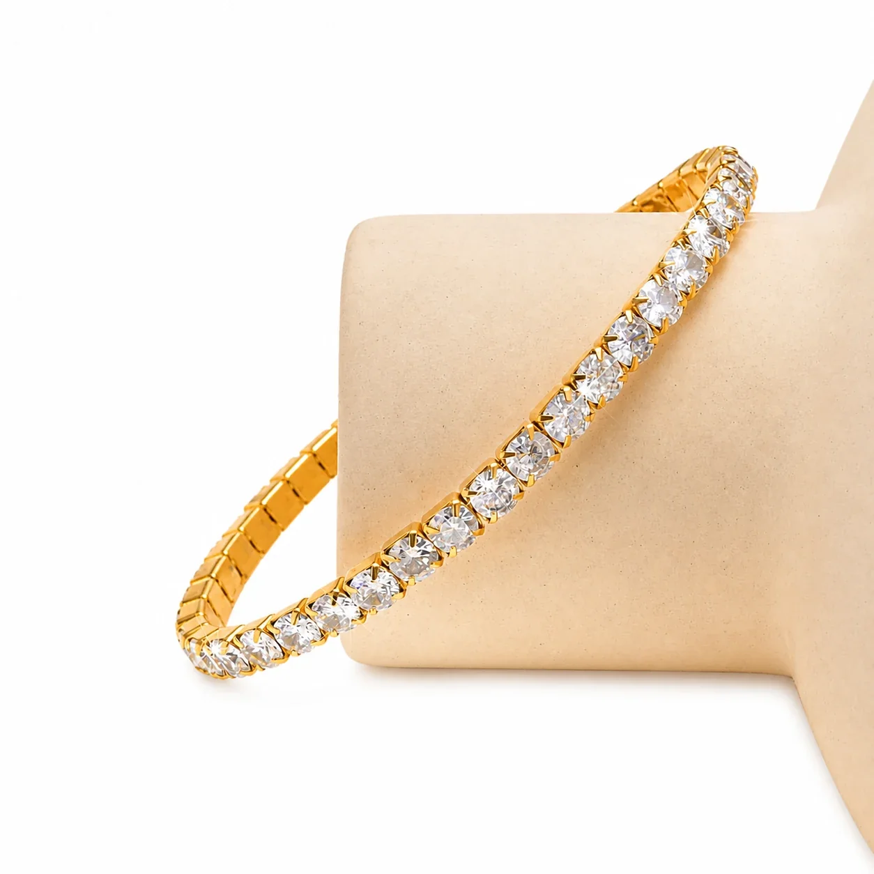 Radiant Stainless Steel Round CZ Stretch Tennis Bracelet - Gold 4 mm Clear CZ 17 cm