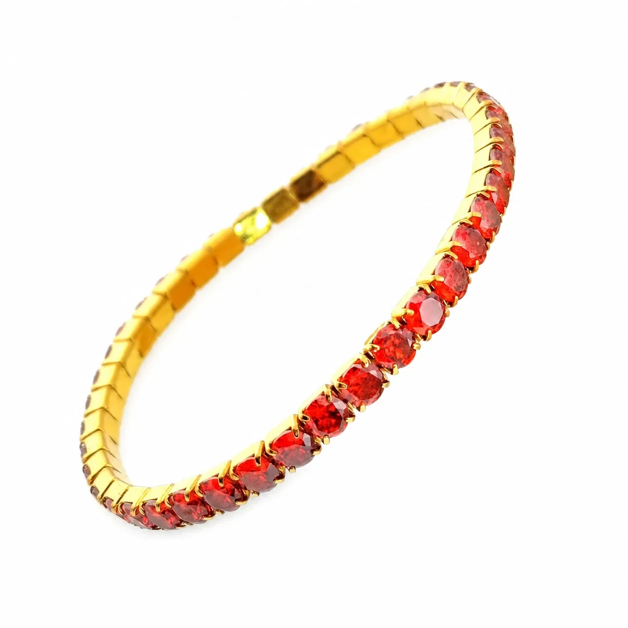 Radiant Stainless Steel Round CZ Stretch Tennis Bracelet - Gold 3 mm Red CZ 17 cm