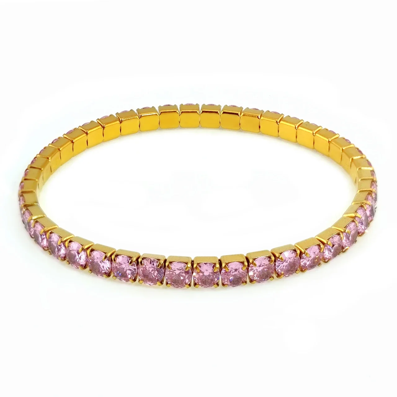Radiant Stainless Steel Round CZ Stretch Tennis Bracelet - Gold 3 mm Pink CZ 17 cm