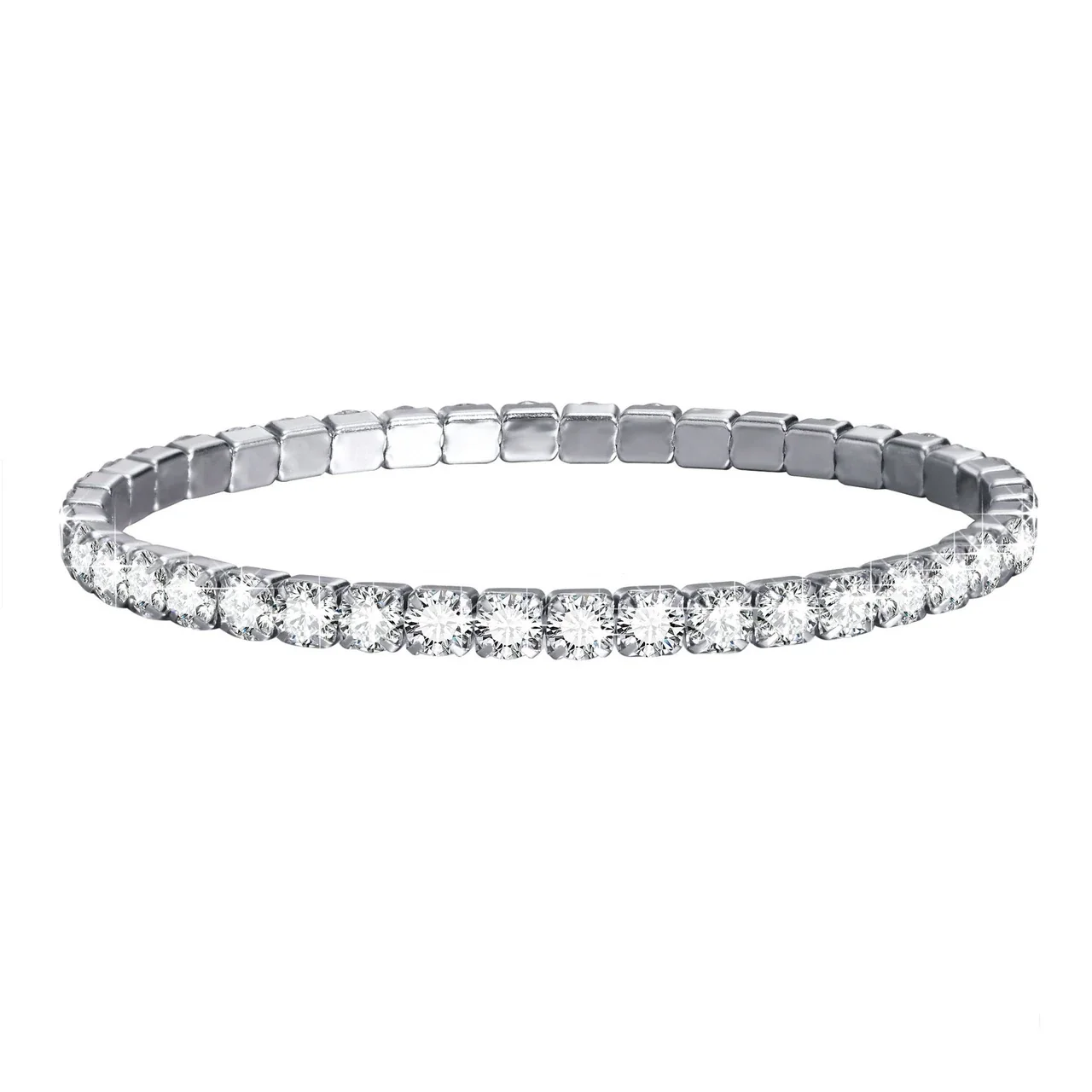 Radiant Stainless Steel Round CZ Stretch Tennis Bracelet - Silver 4 mm Clear CZ 17 cm