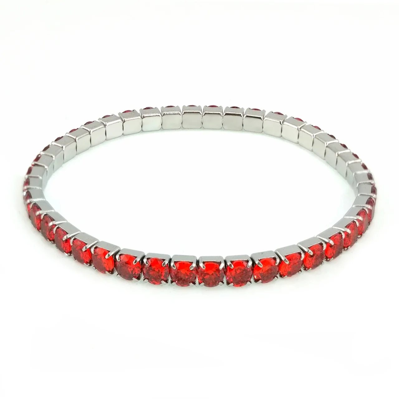 Radiant Stainless Steel Round CZ Stretch Tennis Bracelet - Silver 3 mm Red CZ 17 cm