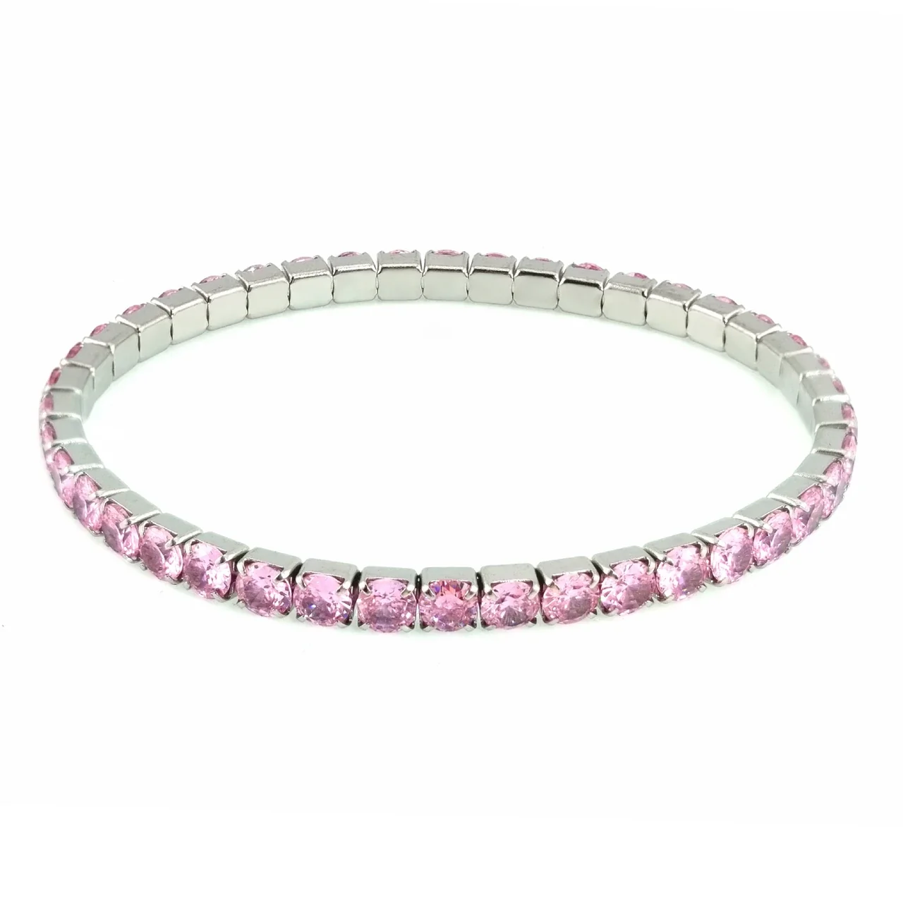 Radiant Stainless Steel Round CZ Stretch Tennis Bracelet - Silver 3 mm Pink CZ 17 cm