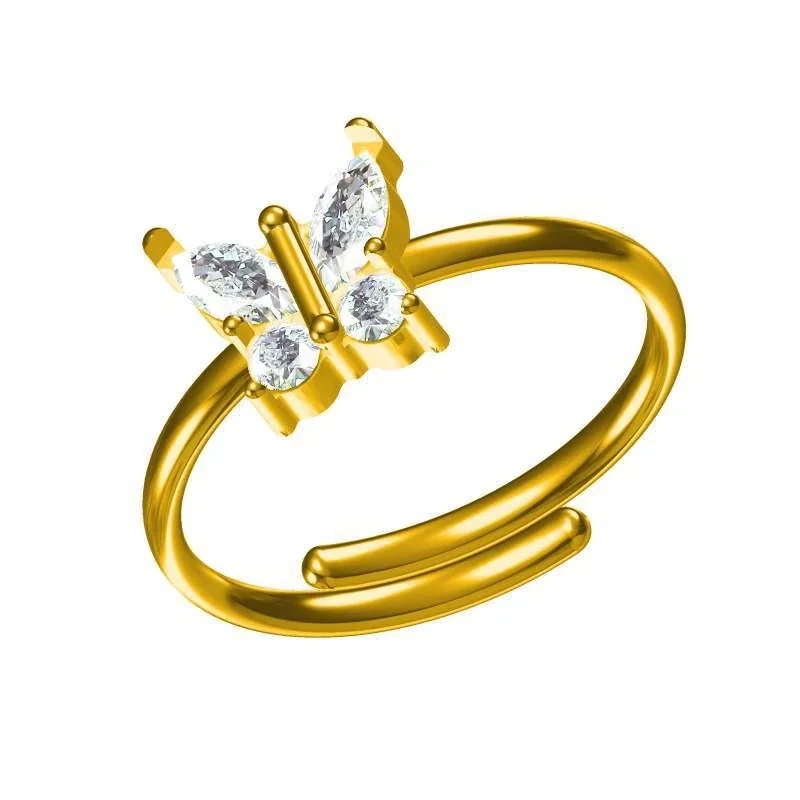 Butterfly Open Ring with Marquise CZ 316 Stainless Steel PVD - Gold Butterfly