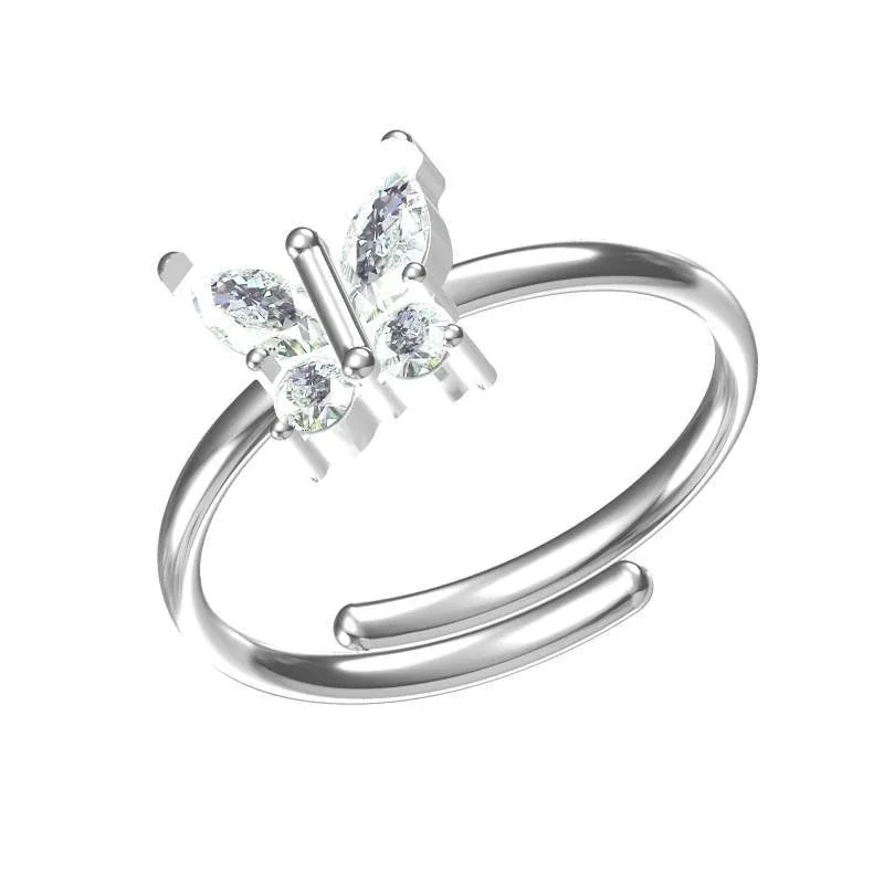Butterfly Open Ring with Marquise CZ 316 Stainless Steel PVD - Silver Butterfly
