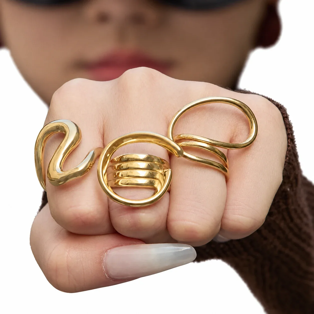 Open-Front Geometric Loop Gold-Plated Stainless Steel Ring