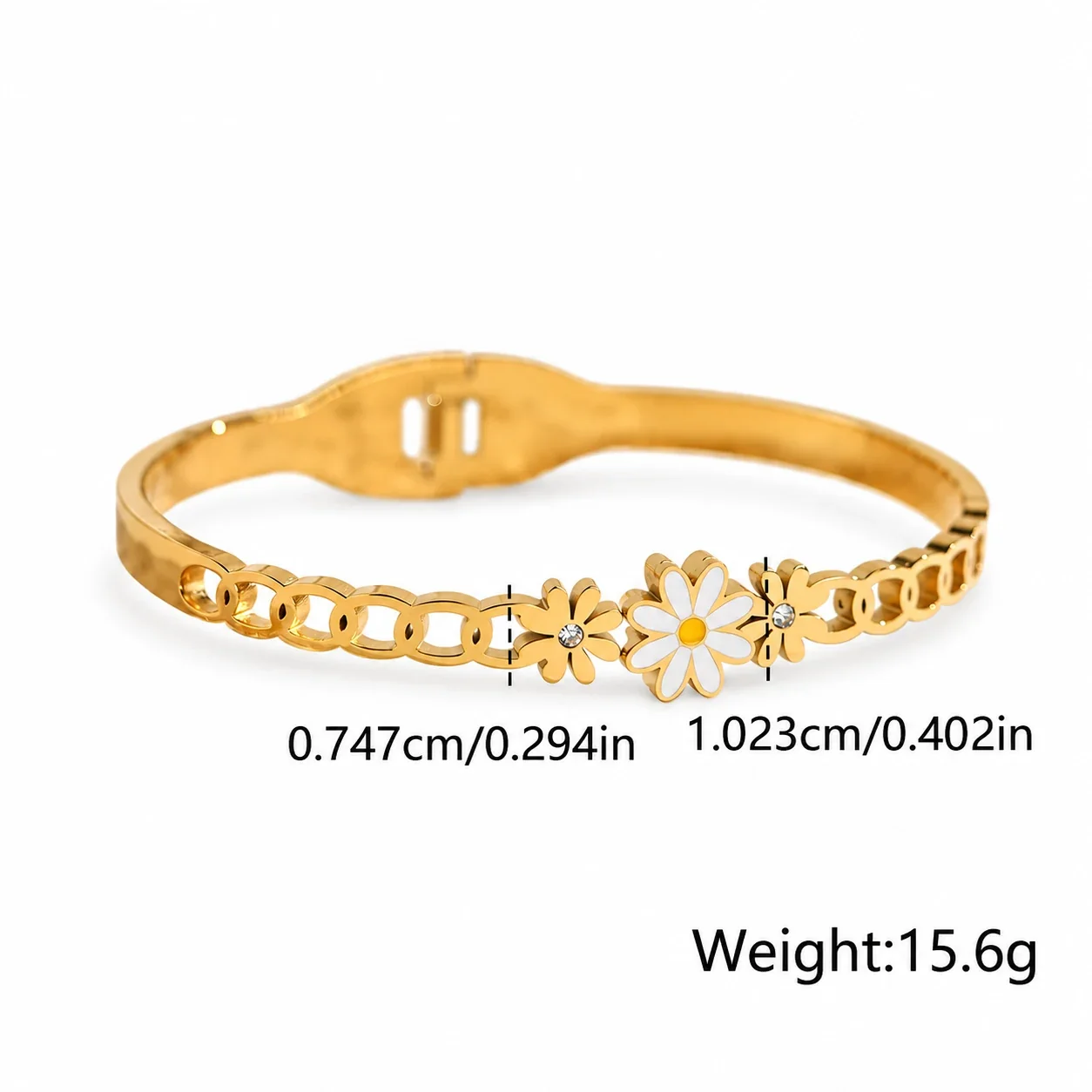 Photo produit : Bracelet à maillons marguerites, fleurs blanches, acier inoxydable plaqué or 18K