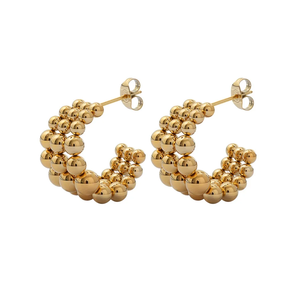 Hoop Earrings Triple-Row Ball Bead Gold-Plated Stainless Steel