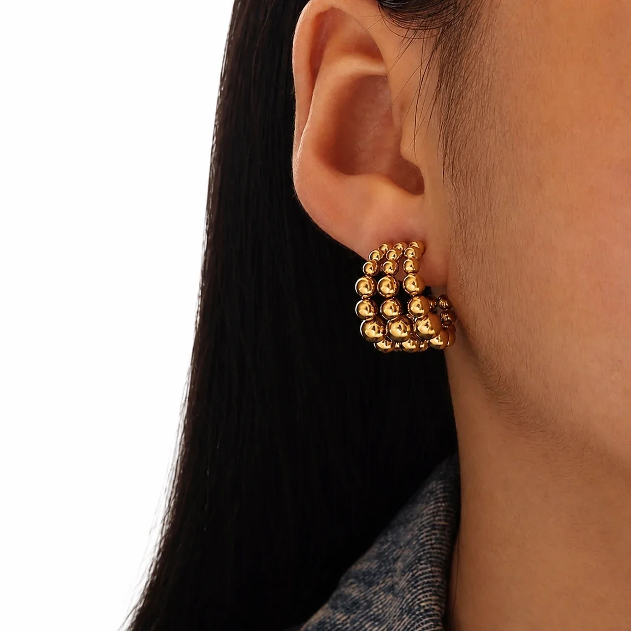 Hoop Earrings Triple-Row Ball Bead Gold-Plated Stainless Steel