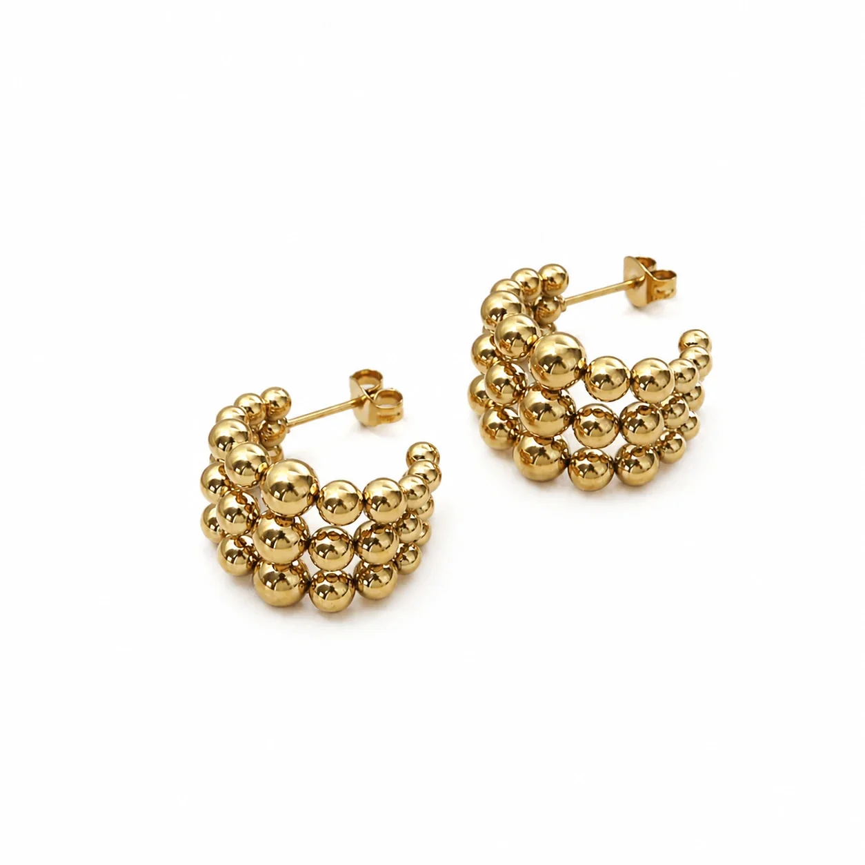 Hoop Earrings Triple-Row Ball Bead Gold-Plated Stainless Steel