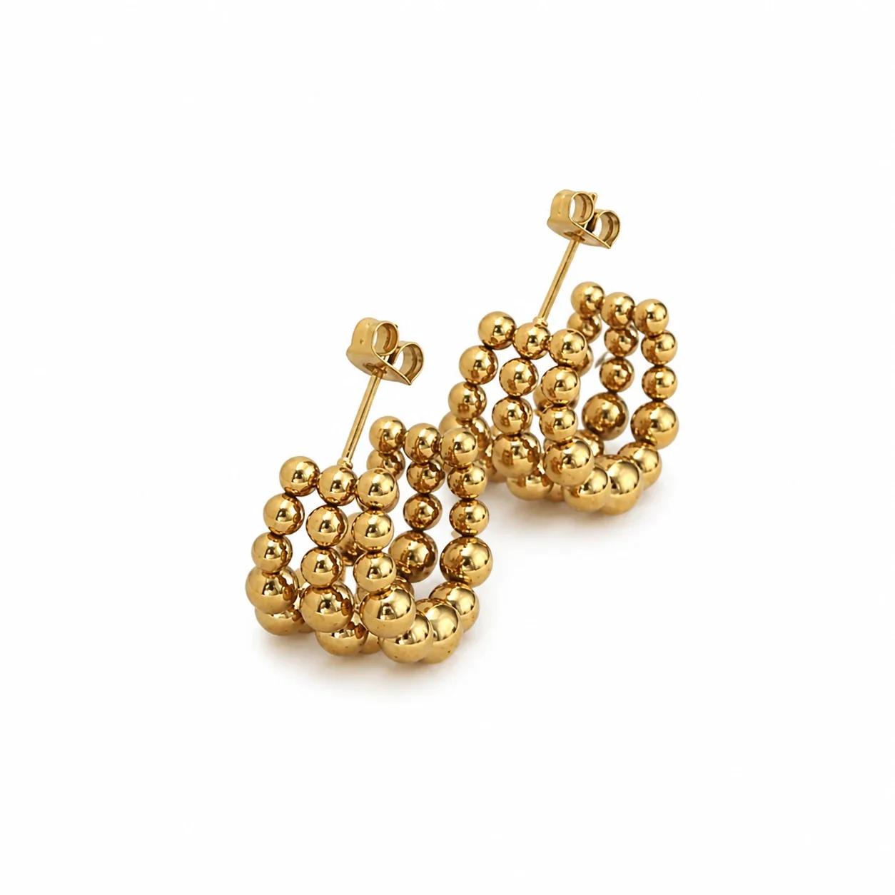 Hoop Earrings Triple-Row Ball Bead Gold-Plated Stainless Steel