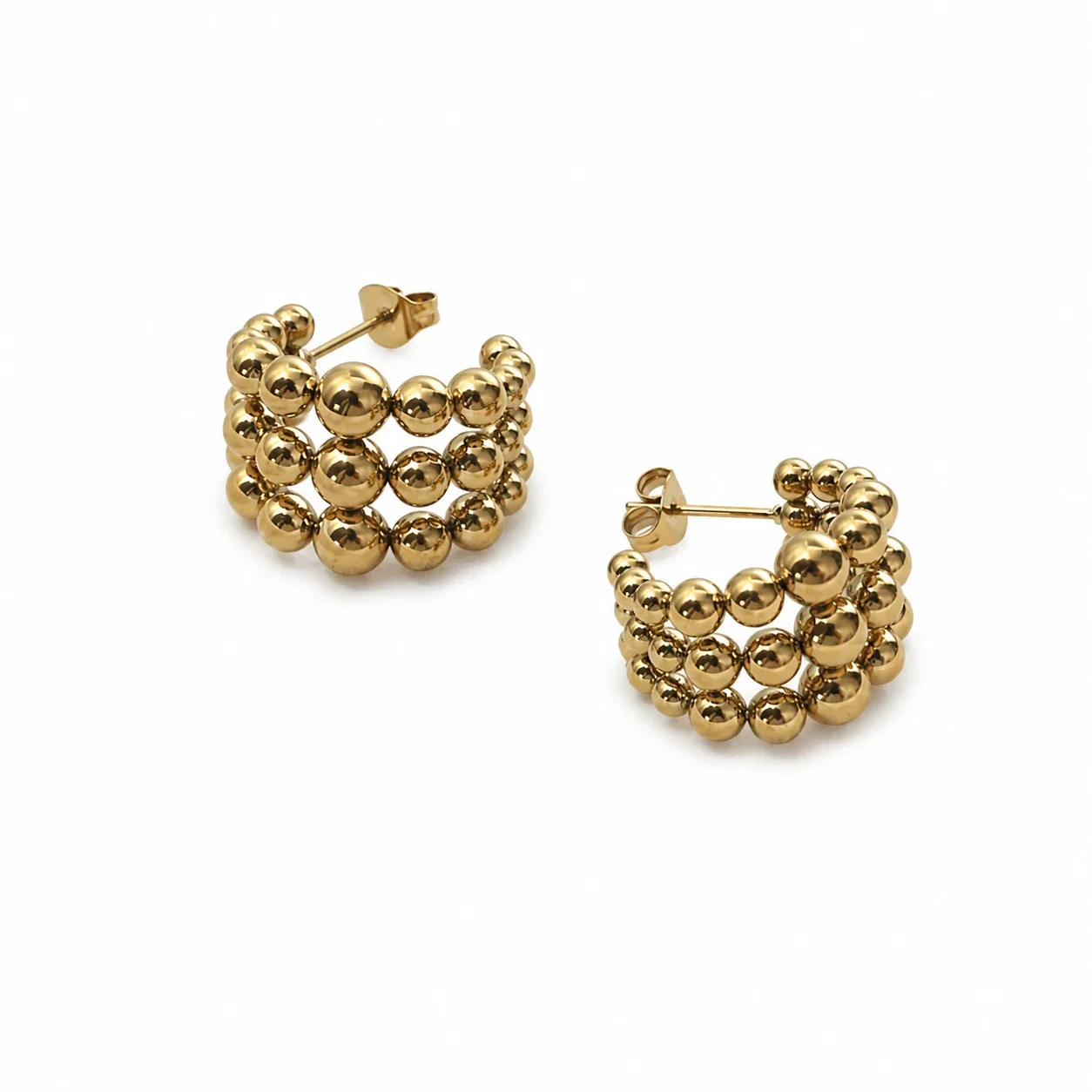 Hoop Earrings Triple-Row Ball Bead Gold-Plated Stainless Steel