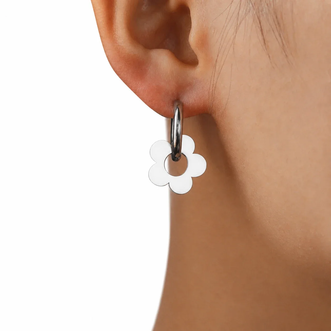Playful 18K Gold PVD Flower Charm Hoop Earrings - Steel