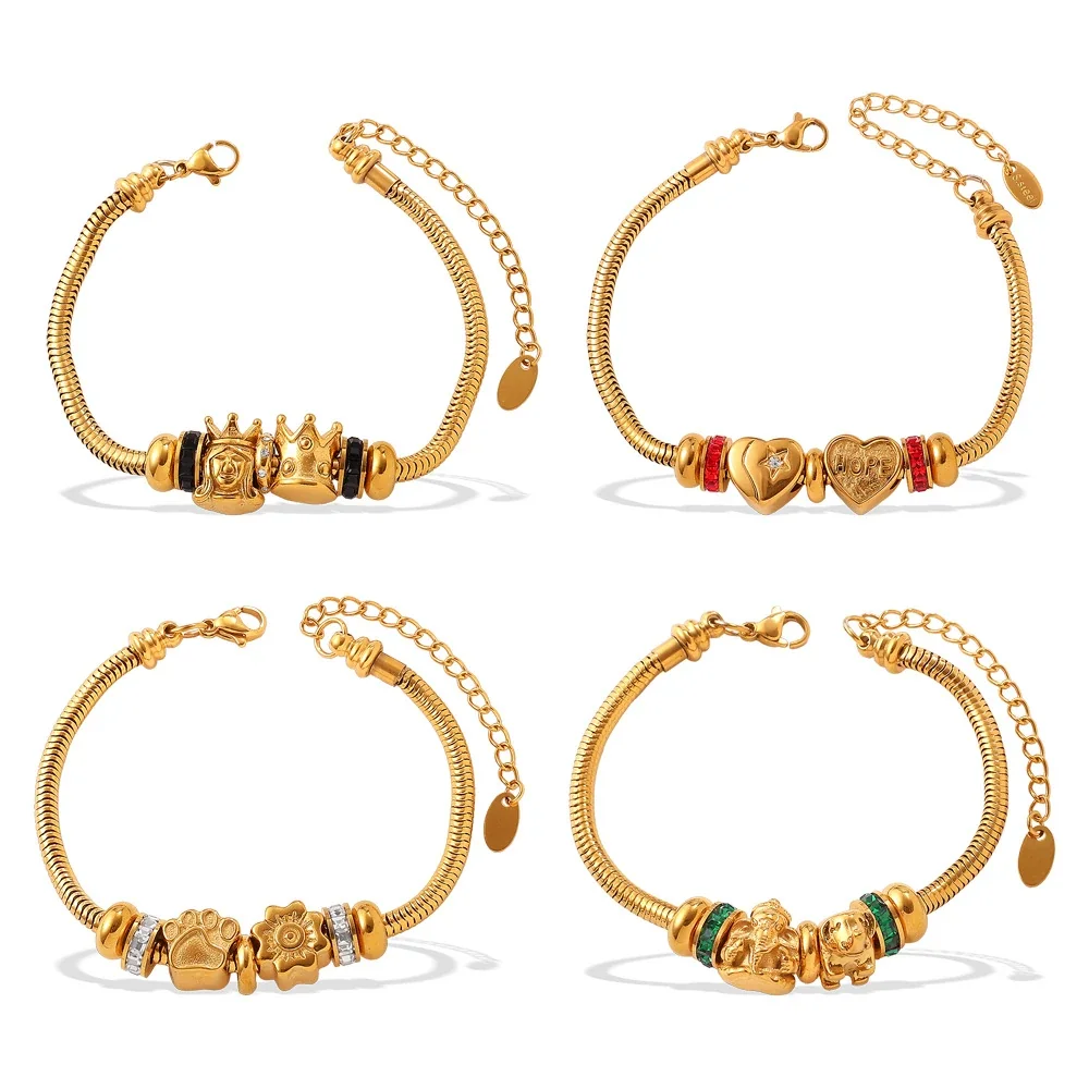 Charm Bracelet with Snake Chain and Animal Motifs, Gold-Plated