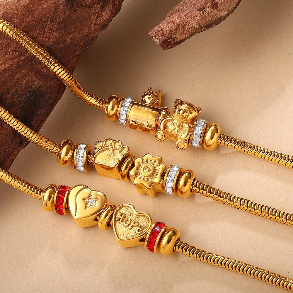 Charm Bracelet with Snake Chain and Animal Motifs, Gold-Plated