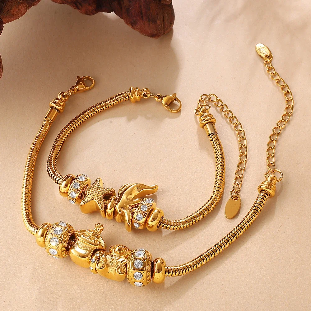 Charm Bracelet with Snake Chain and Animal Motifs, Gold-Plated
