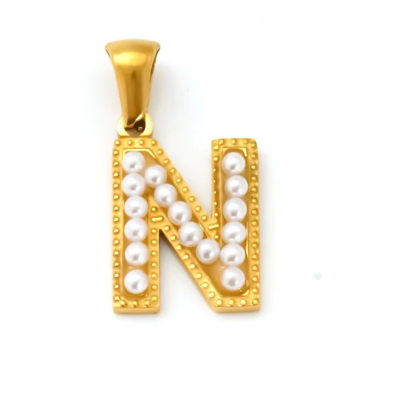 18K Gold-Plated Stainless Steel Pearl Letter Pendant - Gold Letter N