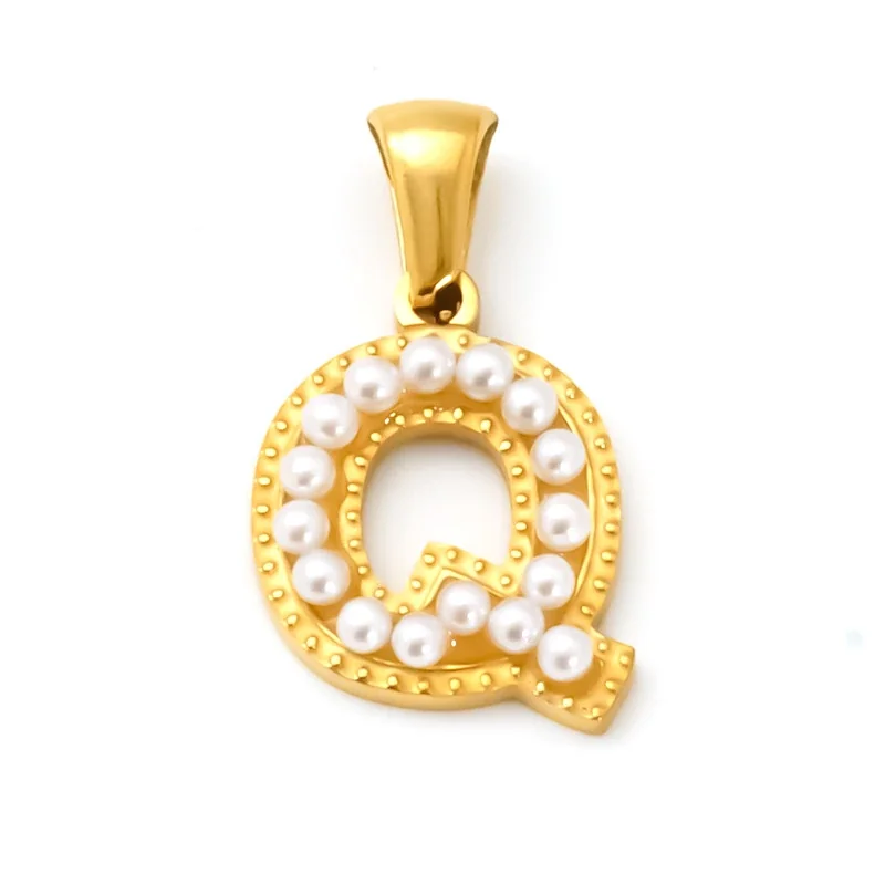 18K Gold-Plated Stainless Steel Pearl Letter Pendant - Gold Letter Q