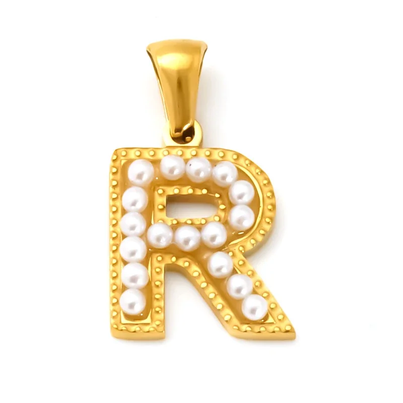 18K Gold-Plated Stainless Steel Pearl Letter Pendant - Gold Letter R