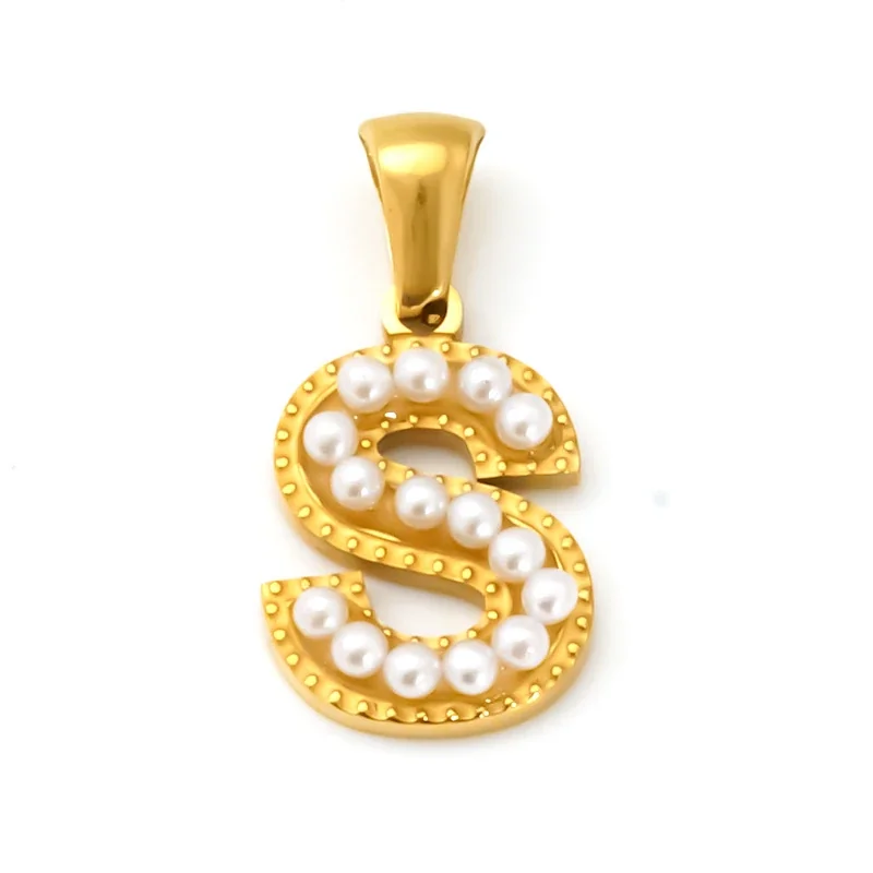 18K Gold-Plated Stainless Steel Pearl Letter Pendant - Gold Letter S