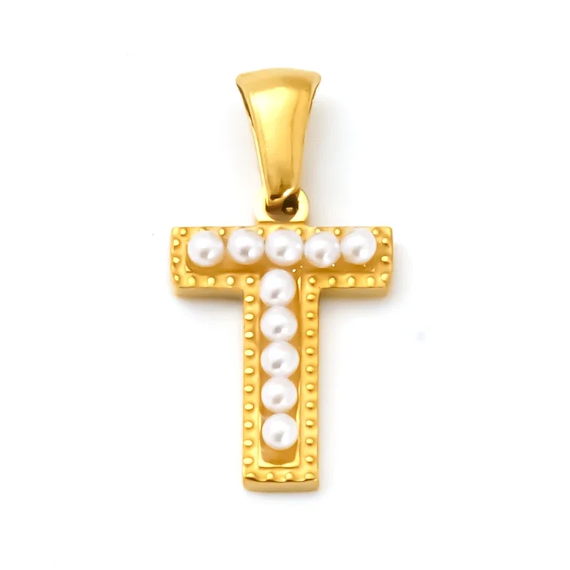 18K Gold-Plated Stainless Steel Pearl Letter Pendant - Gold Letter T