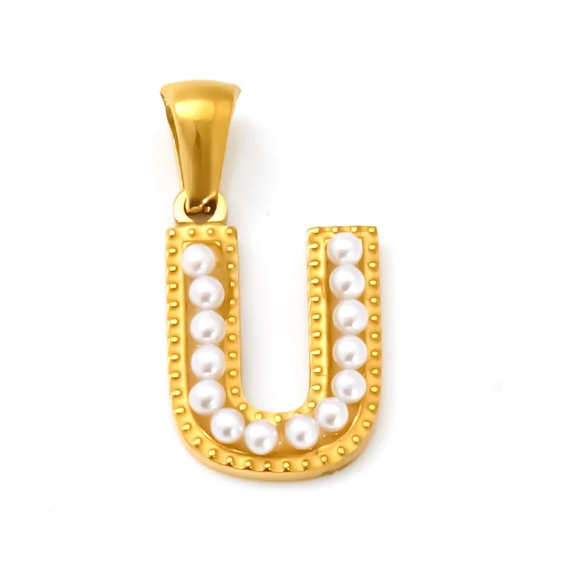 18K Gold-Plated Stainless Steel Pearl Letter Pendant - Gold Letter U