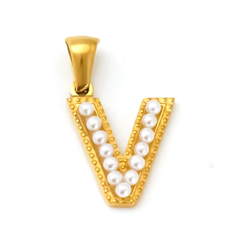 18K Gold-Plated Stainless Steel Pearl Letter Pendant - Gold Letter V
